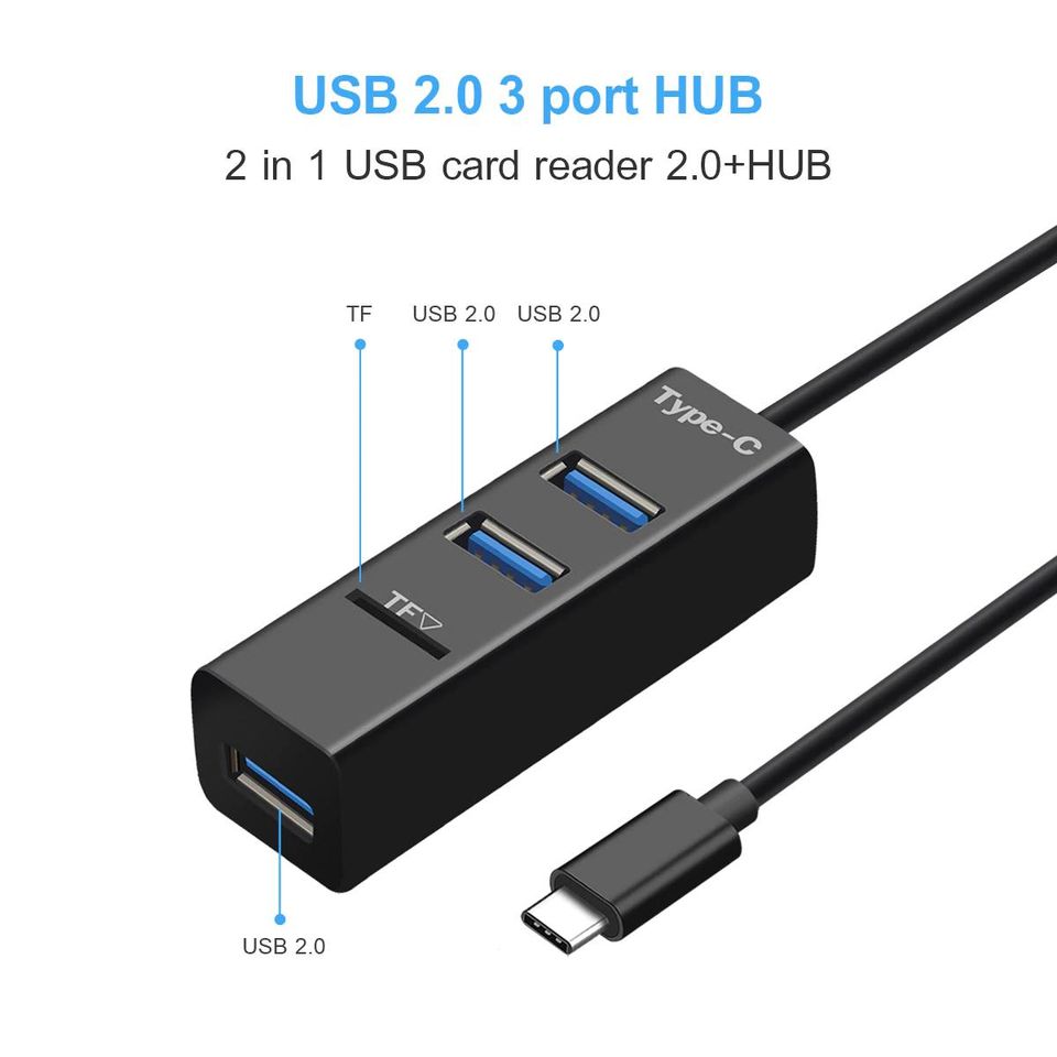 USBC Type C to 3 Port USB 2.0 HUB Plus Micro SD Card Reader