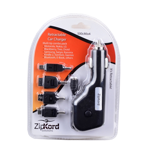 ZipKord Retractable 12V Car Charger Kit w/4 Interchangeable Tips